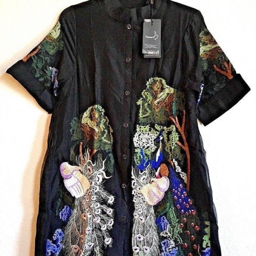 Stand Collar Peacock Embroidery Shirt Dress 8-10